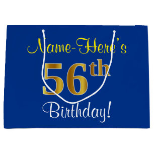 Elegant, Blue, Faux Gold 56th Birthday + Name Large Gift Bag
