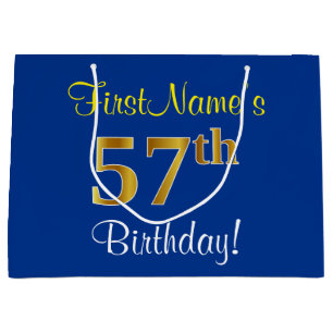 Elegant, Blue, Faux Gold 57th Birthday + Name Large Gift Bag