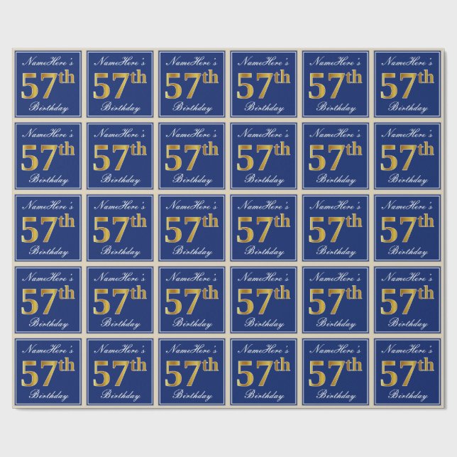 Elegant, Blue, Faux Gold 57th Birthday + Name Wrapping Paper (Flat)