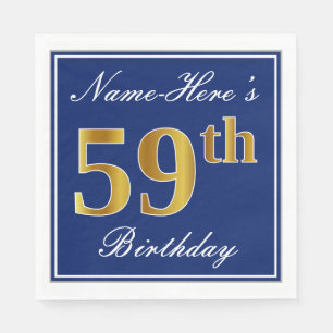 Elegant Blue, Faux Gold 59th Birthday; Custom Name Napkin