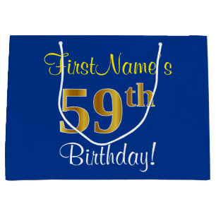 Elegant, Blue, Faux Gold 59th Birthday + Name Large Gift Bag