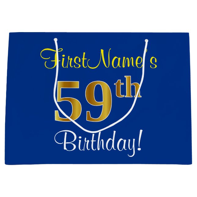 Elegant, Blue, Faux Gold 59th Birthday + Name Large Gift Bag (Front)