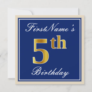 Elegant, Blue, Faux Gold 5th Birthday; Custom Name Invitation