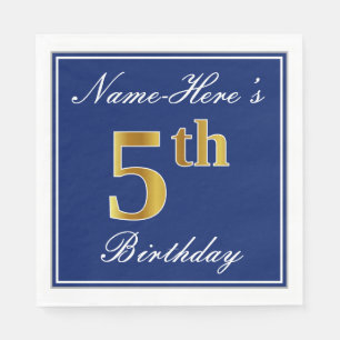 Elegant Blue, Faux Gold 5th Birthday + Custom Name Napkin