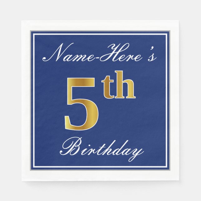 Elegant Blue, Faux Gold 5th Birthday + Custom Name Napkin (Front)