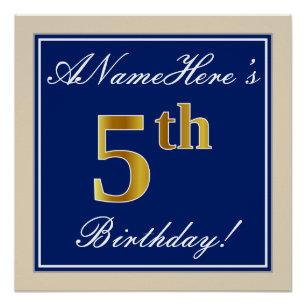 Elegant, Blue, Faux Gold 5th Birthday; Custom Name Poster