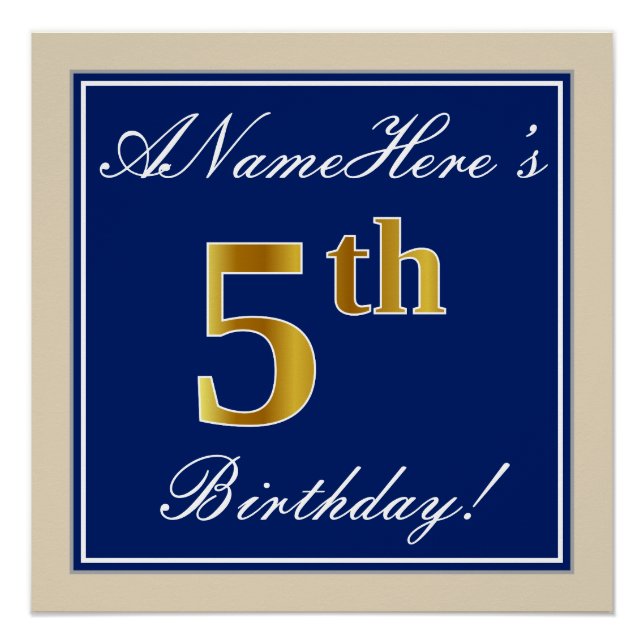 Elegant, Blue, Faux Gold 5th Birthday; Custom Name Poster (Front)