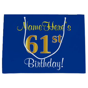 Elegant, Blue, Faux Gold 61st Birthday + Name Large Gift Bag