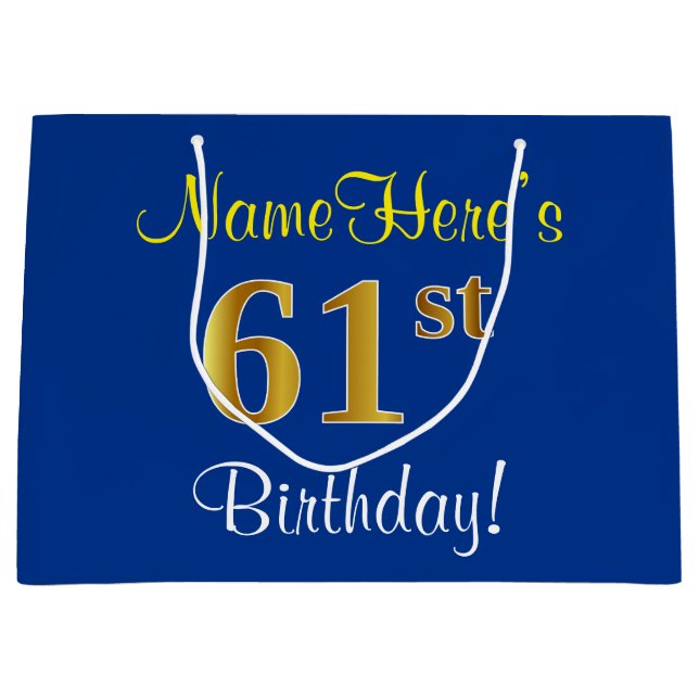 Elegant, Blue, Faux Gold 61st Birthday + Name Large Gift Bag (Front)
