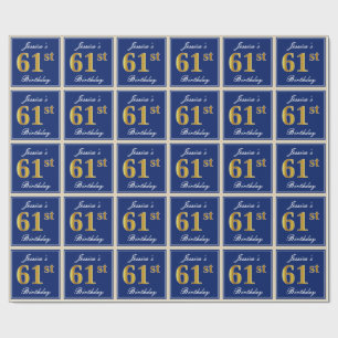 Elegant, Blue, Faux Gold 61st Birthday + Name Wrapping Paper