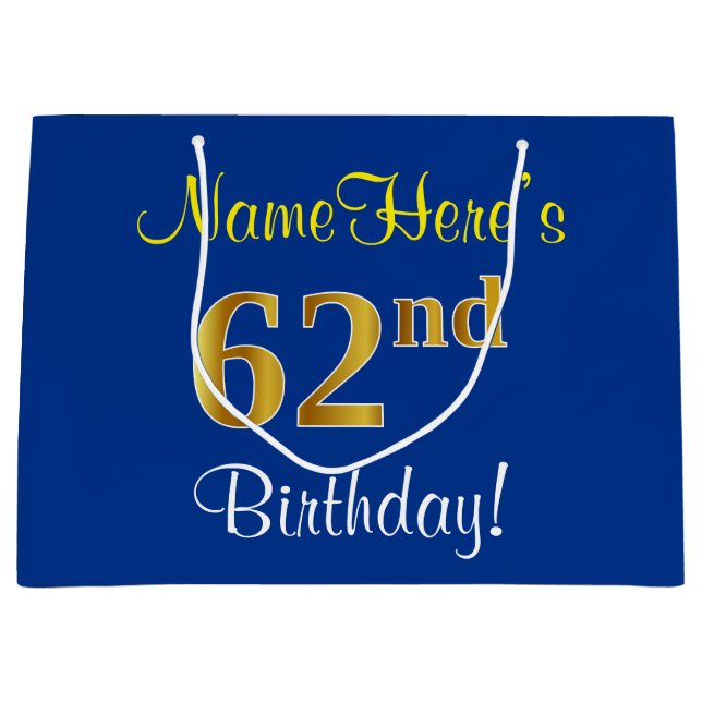 Elegant, Blue, Faux Gold 62nd Birthday + Name Large Gift Bag (Front)