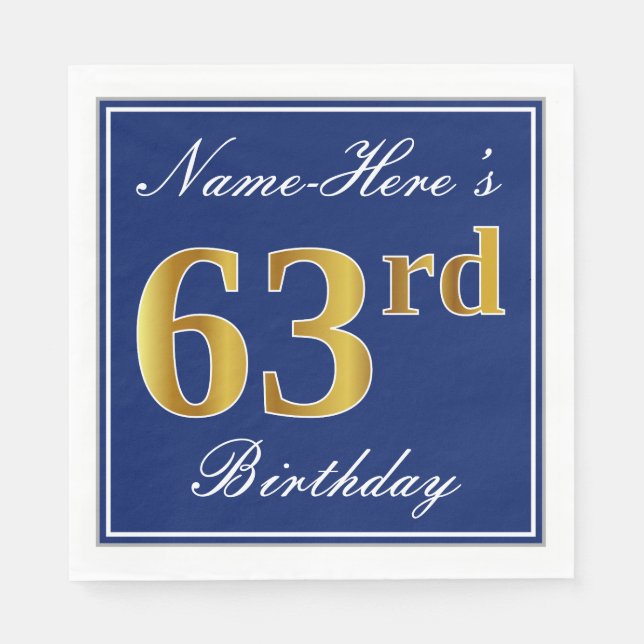 Elegant Blue, Faux Gold 63rd Birthday; Custom Name Napkin (Front)