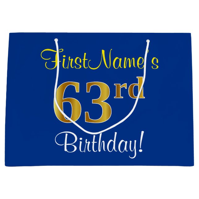 Elegant, Blue, Faux Gold 63rd Birthday + Name Large Gift Bag (Front)
