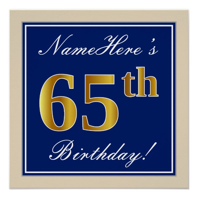 Elegant, Blue, Faux Gold 65th Birthday + Name Poster (Front)