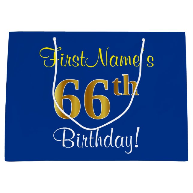 Elegant, Blue, Faux Gold 66th Birthday + Name Large Gift Bag (Front)