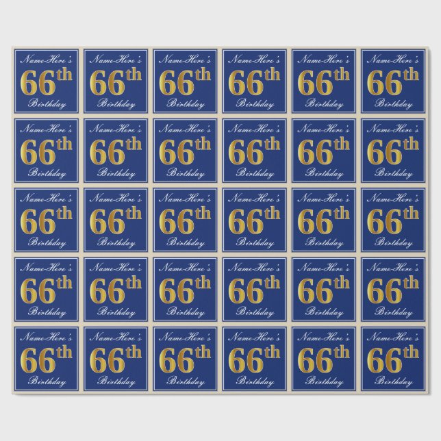 Elegant, Blue, Faux Gold 66th Birthday + Name Wrapping Paper (Flat)