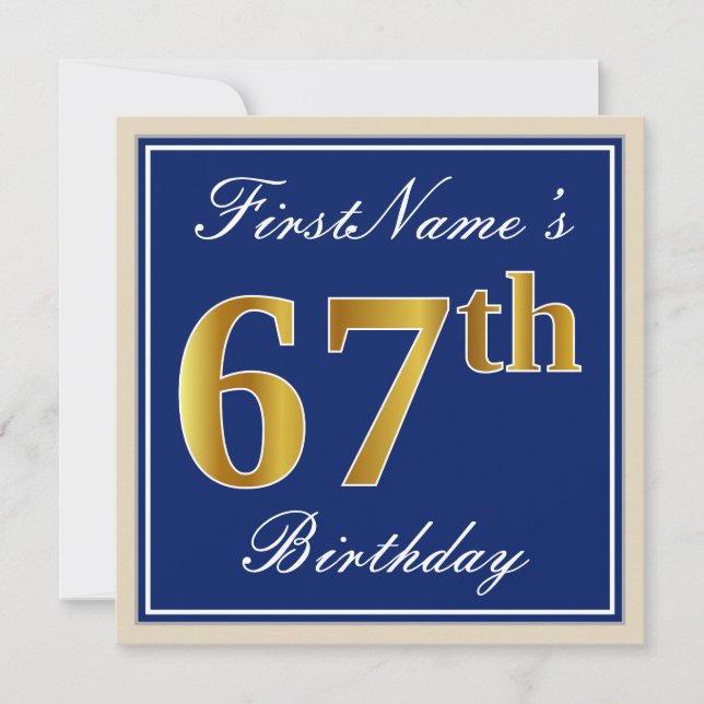 Elegant, Blue, Faux Gold 67th Birthday + Name Invitation (Front)
