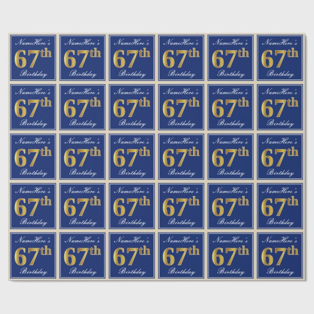 Elegant, Blue, Faux Gold 67th Birthday + Name Wrapping Paper (Flat)