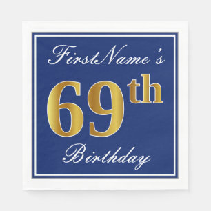 Elegant Blue, Faux Gold 69th Birthday; Custom Name Napkin