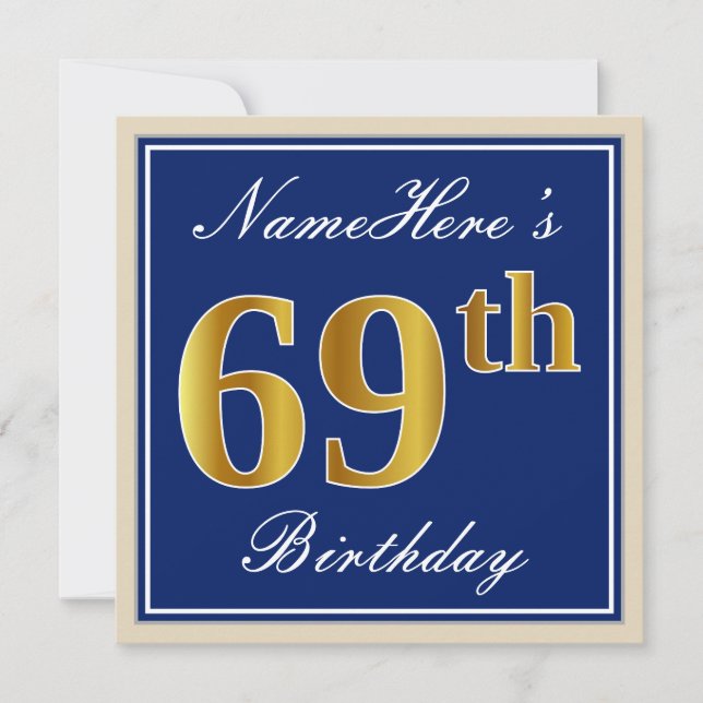 Elegant, Blue, Faux Gold 69th Birthday + Name Invitation (Front)