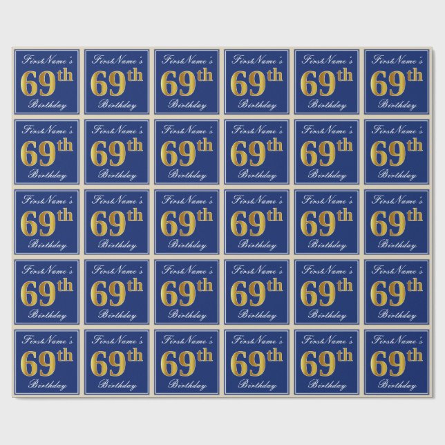 Elegant, Blue, Faux Gold 69th Birthday + Name Wrapping Paper (Flat)