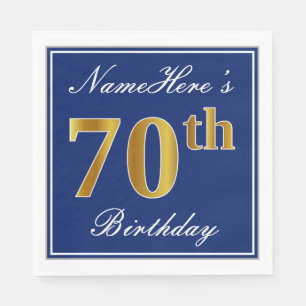 Elegant Blue, Faux Gold 70th Birthday; Custom Name Napkin