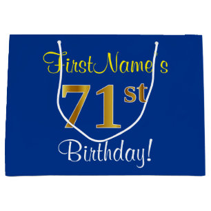 Elegant, Blue, Faux Gold 71st Birthday + Name Large Gift Bag