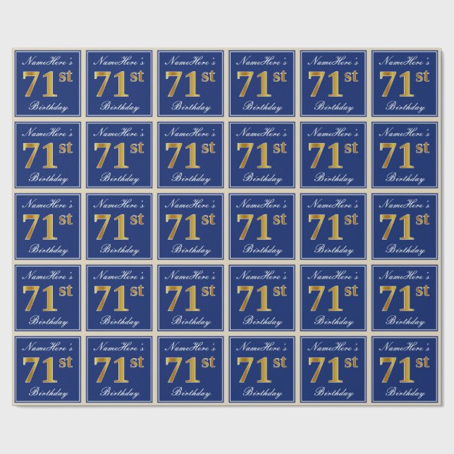 Elegant, Blue, Faux Gold 71st Birthday + Name Wrapping Paper (Flat)