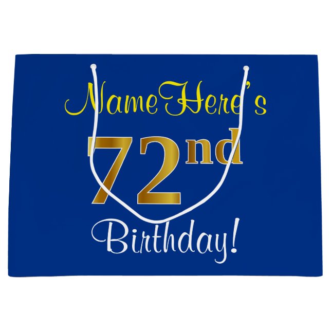 Elegant, Blue, Faux Gold 72nd Birthday + Name Large Gift Bag (Front)