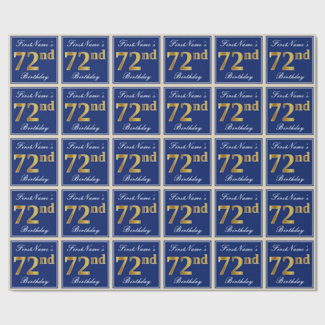 Elegant, Blue, Faux Gold 72nd Birthday + Name Wrapping Paper (Flat)