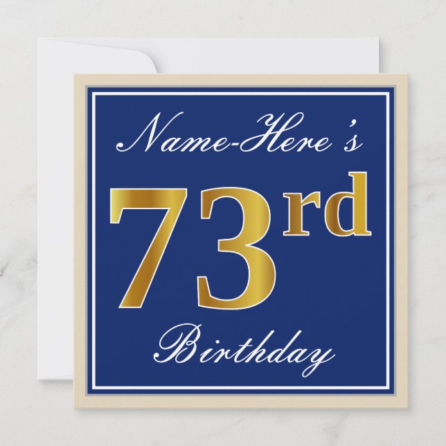 Elegant, Blue, Faux Gold 73rd Birthday + Name Invitation (Front)