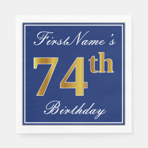 Elegant Blue, Faux Gold 74th Birthday; Custom Name Napkin