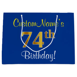 Elegant, Blue, Faux Gold 74th Birthday + Name Large Gift Bag