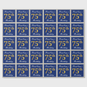 Elegant, Blue, Faux Gold 75th Birthday + Name Wrapping Paper
