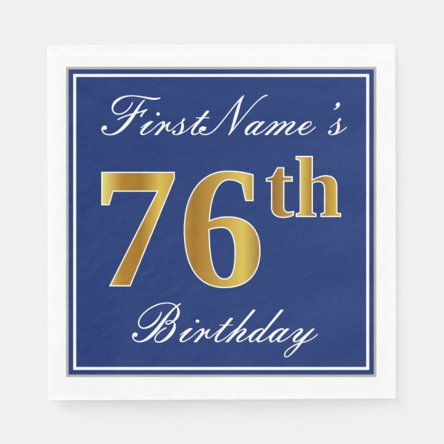 Elegant Blue, Faux Gold 76th Birthday; Custom Name Napkin (Front)