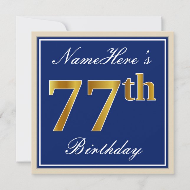 Elegant, Blue, Faux Gold 77th Birthday + Name Invitation (Front)
