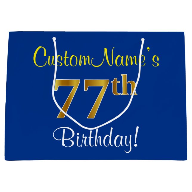 Elegant, Blue, Faux Gold 77th Birthday + Name Large Gift Bag (Front)