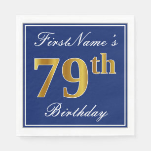 Elegant Blue, Faux Gold 79th Birthday; Custom Name Napkin