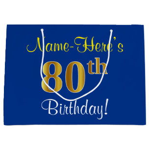 Elegant, Blue, Faux Gold 80th Birthday + Name Large Gift Bag