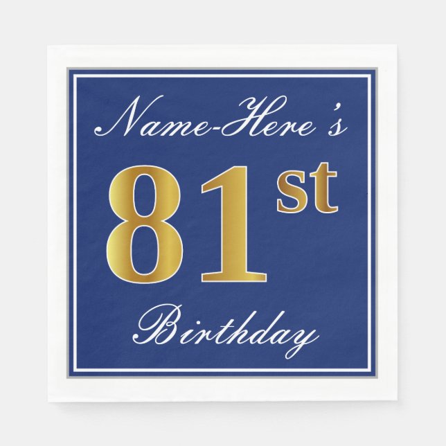 Elegant Blue, Faux Gold 81st Birthday; Custom Name Napkin (Front)