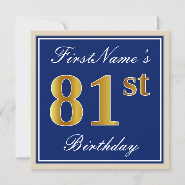 Elegant, Blue, Faux Gold 81st Birthday + Name Invitation (Front)