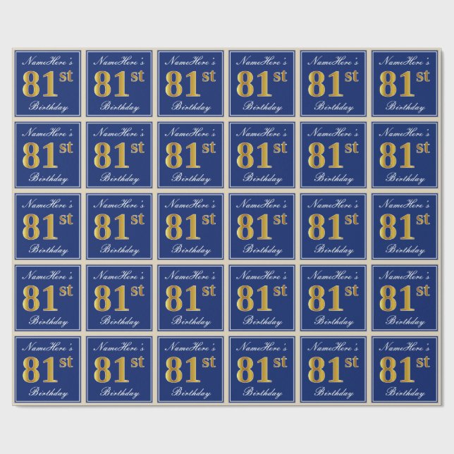 Elegant, Blue, Faux Gold 81st Birthday + Name Wrapping Paper (Flat)