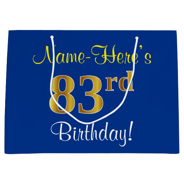 Elegant, Blue, Faux Gold 83rd Birthday + Name Large Gift Bag (Front)