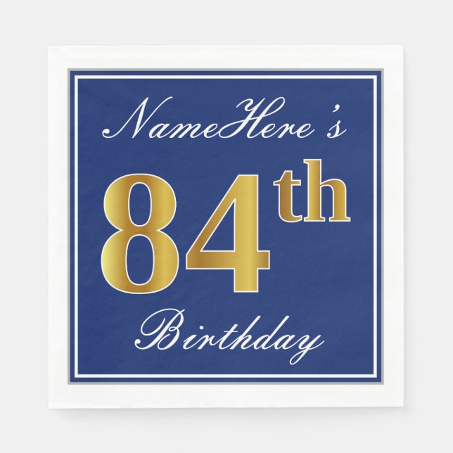 Elegant Blue, Faux Gold 84th Birthday; Custom Name Napkin (Front)