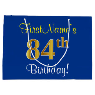 Elegant, Blue, Faux Gold 84th Birthday + Name Large Gift Bag