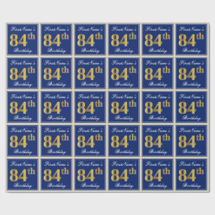 Elegant, Blue, Faux Gold 84th Birthday + Name Wrapping Paper