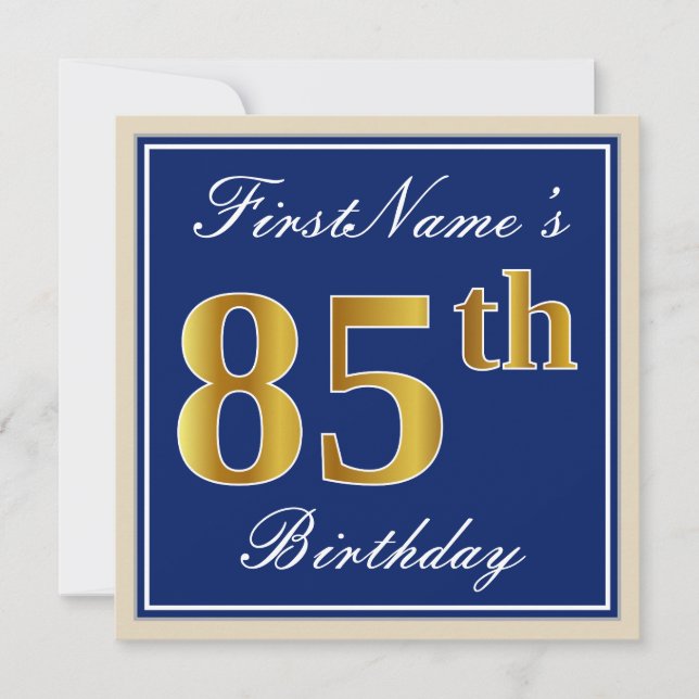 Elegant, Blue, Faux Gold 85th Birthday + Name Invitation (Front)