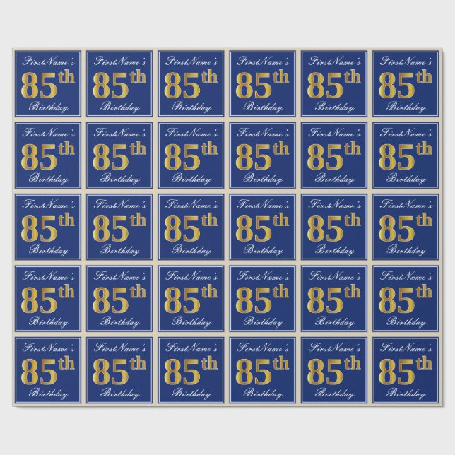 Elegant, Blue, Faux Gold 85th Birthday + Name Wrapping Paper (Flat)