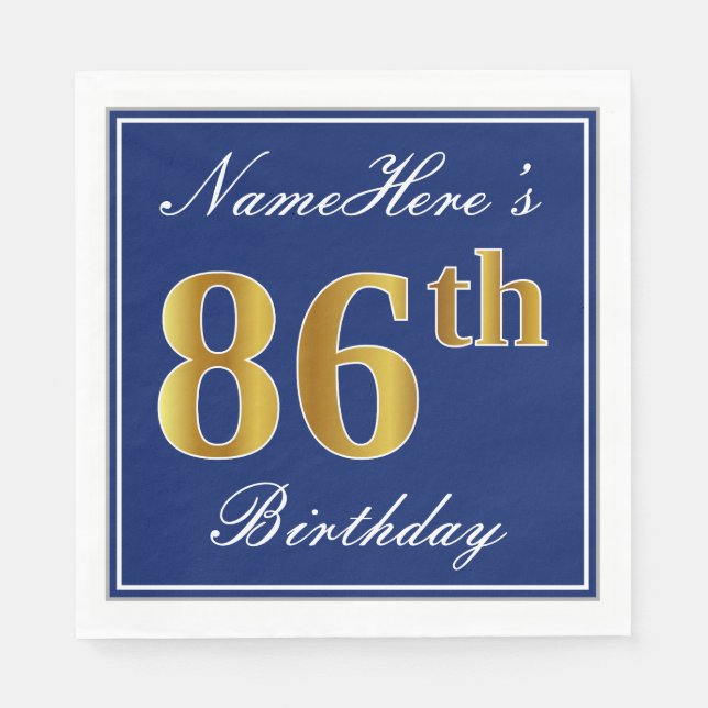 Elegant Blue, Faux Gold 86th Birthday; Custom Name Napkin (Front)