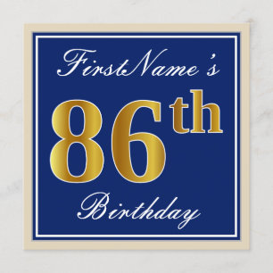 Elegant, Blue, Faux Gold 86th Birthday + Name Invitation